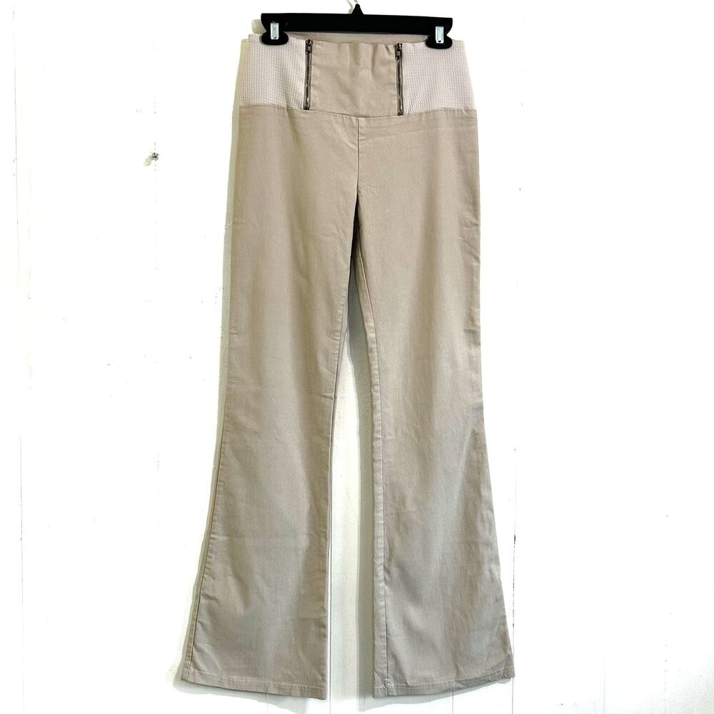 Valia Women’s Beige Ponte Flare Pants Size Medium Mid- Rise Zip Front MadeCanada